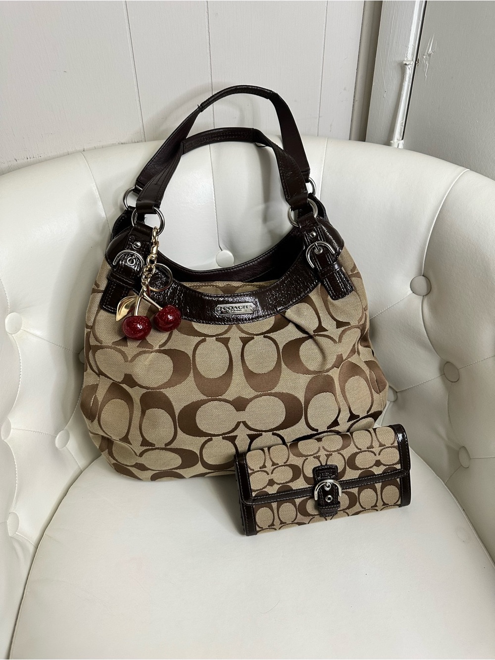 Coach Brown Signature Canvas Hobo with Cherry Charm and Matching Wallet